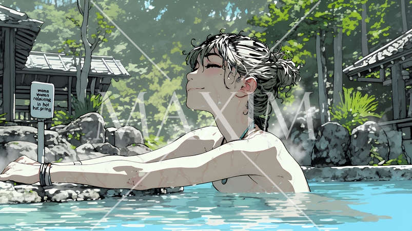 露天風呂に浸かっている若い女性