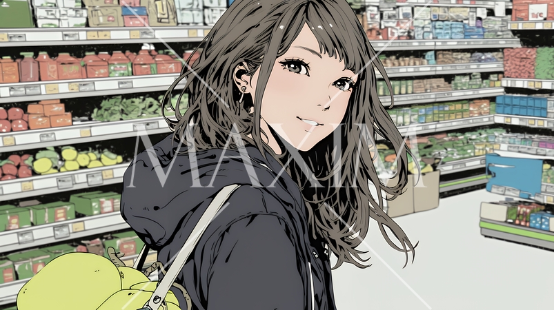 スーパーマーケットで買い物をしている若い女性