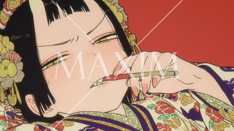 着物を着たわがままで生意気そうな女の子。背伸びしているけど煙管は逆くわえ。