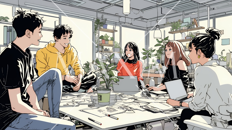 資料を見ながら打ち合わせをする会社員｜オフィスのビジネスミーティングイメージ