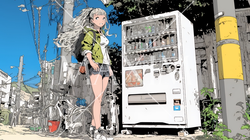 自動販売機で飲み物を購入する若い女性｜日常・ライフスタイル・屋外シーン