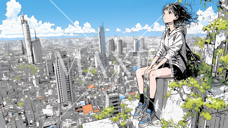 都市のランドスケープを眺めている若い女性