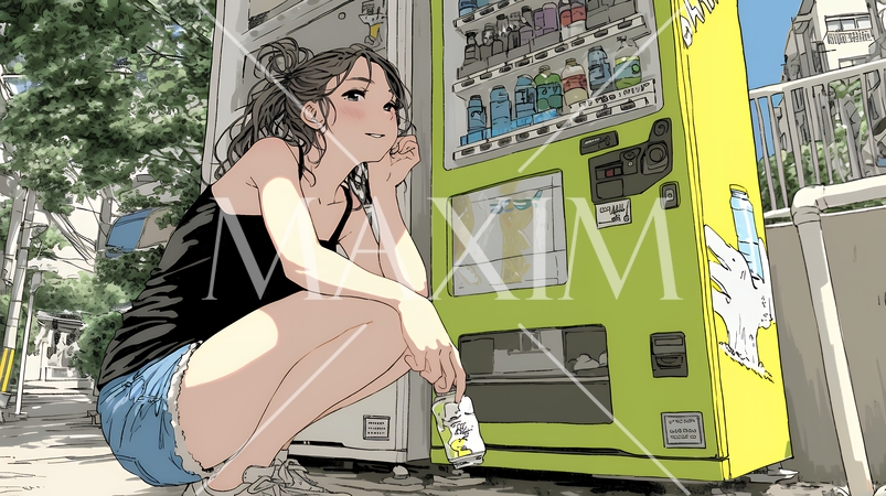 自動販売機で飲み物を購入する若い女性｜日常・ライフスタイル・屋外シーン