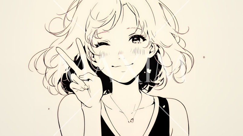 笑顔でピースサインを見せる若い女性（シンプルな色使い）