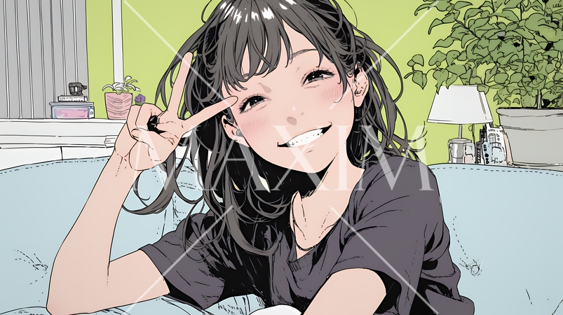 笑顔でピースサインを見せる若い女性