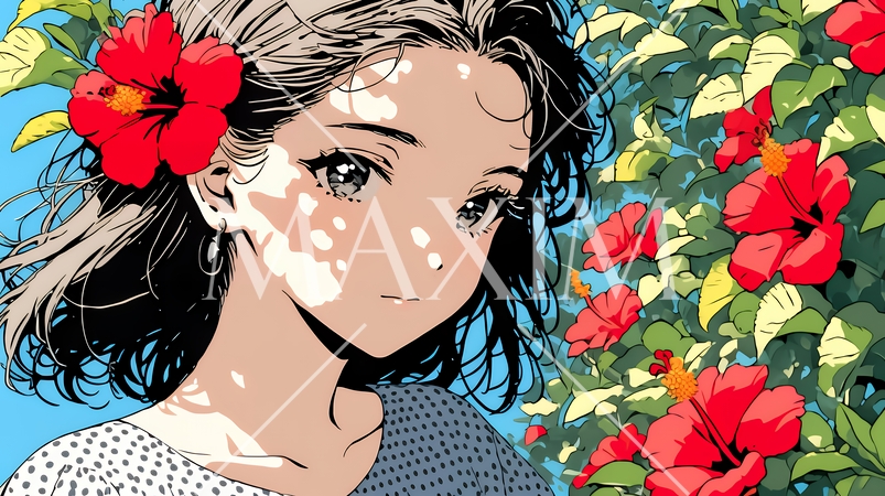 ハイビスカスと若い女性