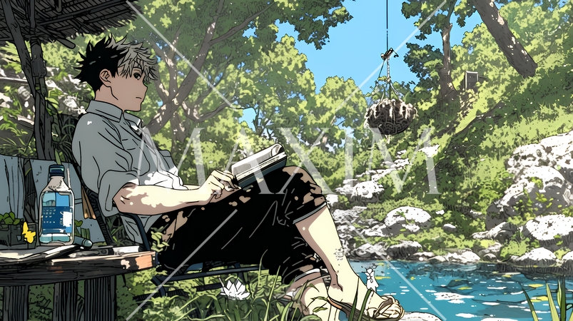 デジタルデトックス：電子機器から解放され、自然の中で読書を楽しむ男性