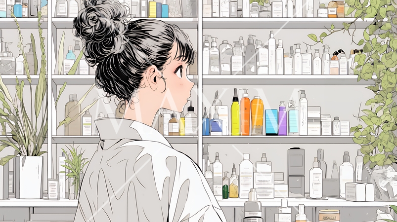 ドラッグストアでコスメを選ぶ若い女性