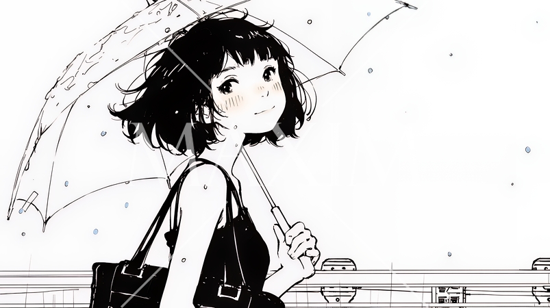 雨の日に傘をさして歩く若い女性（シンプルな色使い）