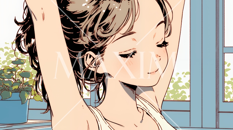 朝の目覚ましを止めて伸びをしている若い女性