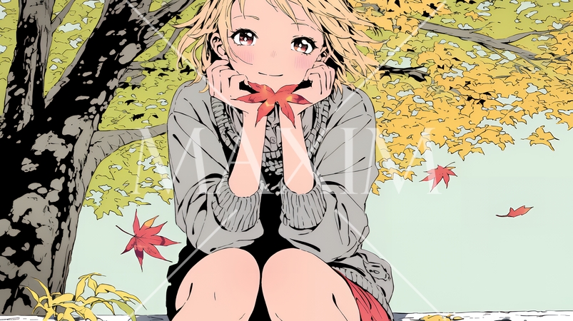 紅葉の秋の街を歩く若い女性