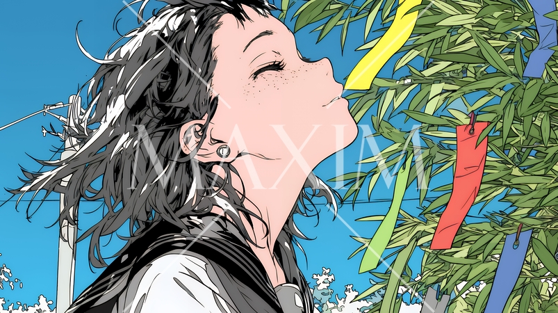 七夕飾りと制服を着た女子高生