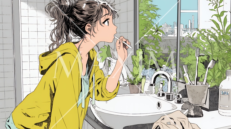 洗面所で朝の歯磨きをする若い女性