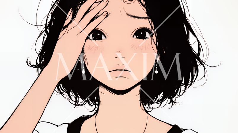 額に手を当てて「困ったな」ポーズをしている若い女性（シンプルな色使い）
