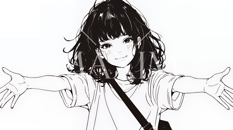 両手を広げて歓迎・驚きの仕草をしている若い女性（シンプルな色使い）