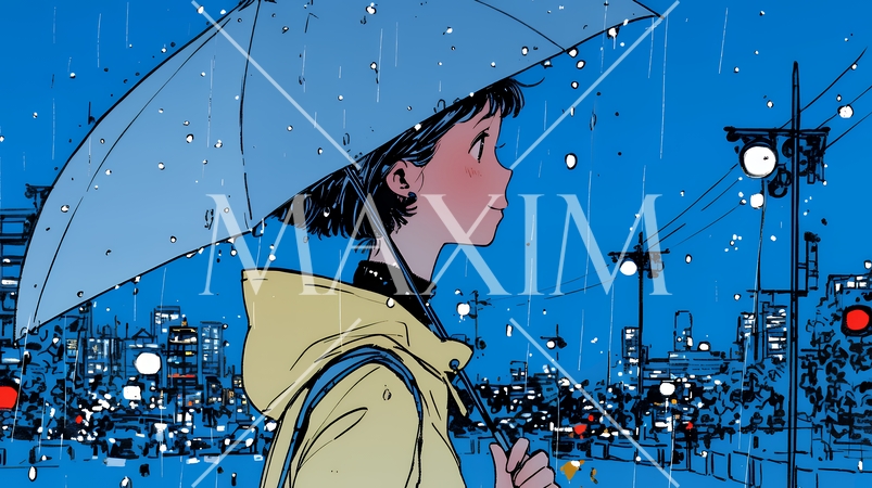 雨の日に傘をさして歩く若い女性