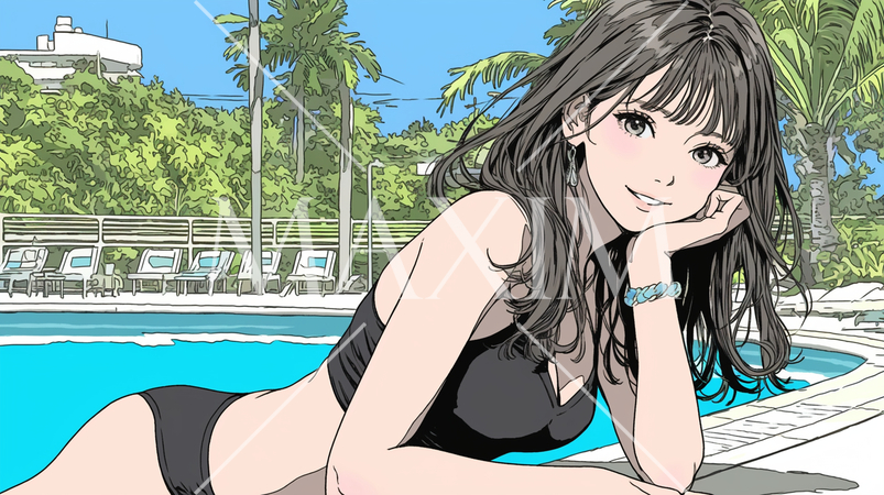 南国のリゾートホテルのプールにビキニ姿でいる若い女性