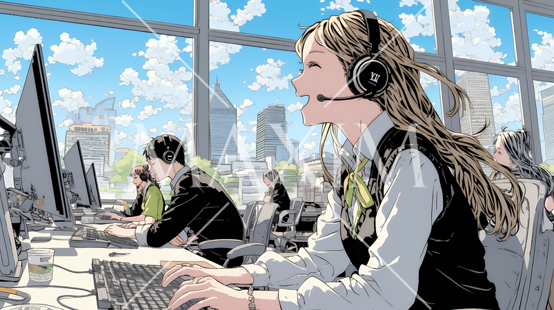 近代的なコールセンターのオフィスで働く女性オペレーター