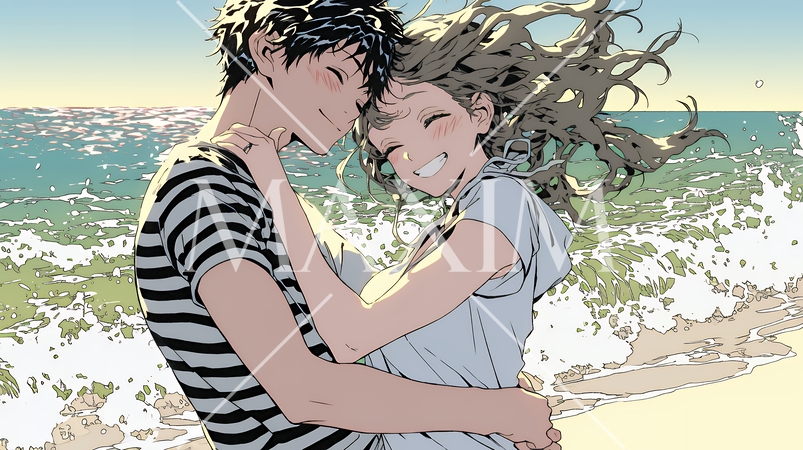 夕方の海辺でハグする（抱き合う）若い恋人たち