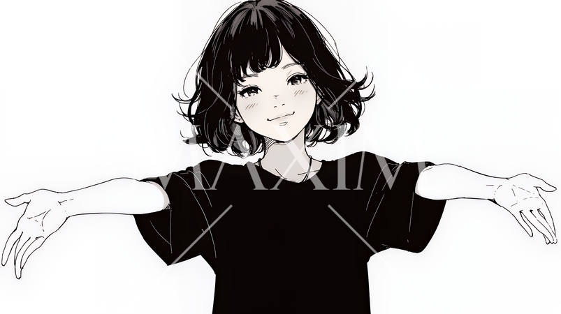 両手を広げて歓迎・驚きの仕草をしている若い女性（シンプルな色使い）