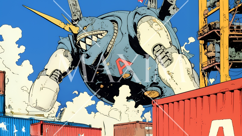 巨大関税ロボットが自由貿易港のコンテナ基地を破壊して、輸出入を妨害している