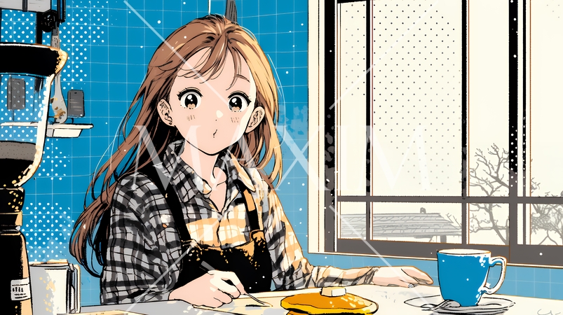 早朝のダイナー（喫茶店）でパンケーキ（モーニングセット）を食べる若い女性