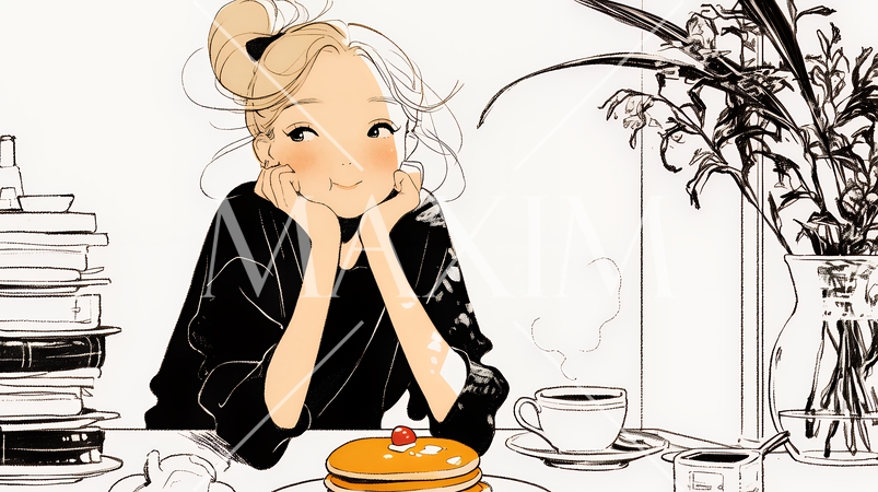 早朝のダイナー（喫茶店）でパンケーキ（モーニングセット）を食べる若い女性（シンプルな色使い）