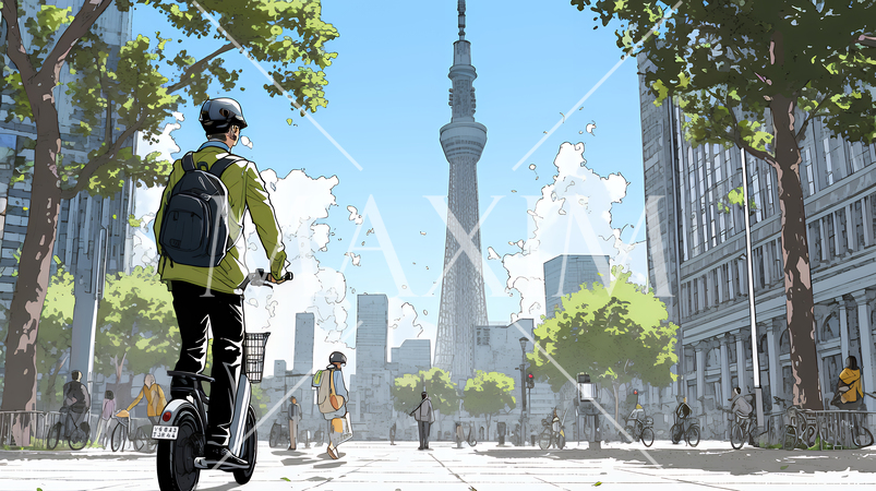 特定小型原付で都会を移動するビジネスパーソン