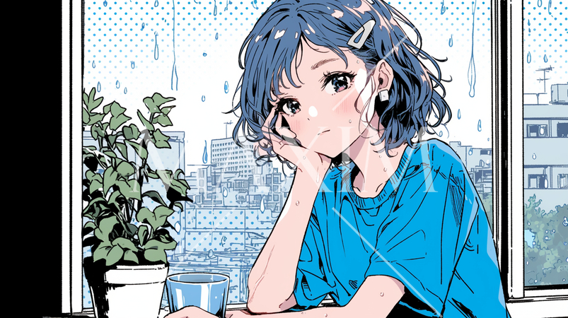 雨降りで憂鬱な気分の若い女性