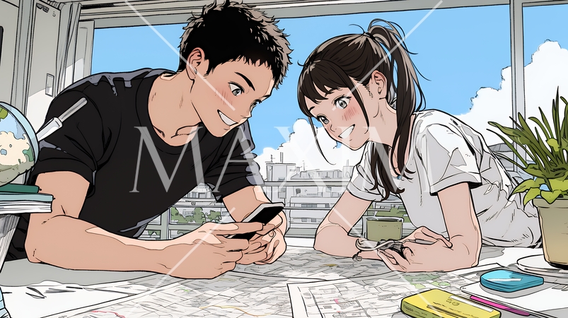 仲良く二人で旅行の計画を立てている若いカップル