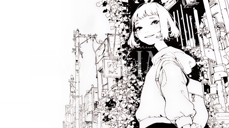 若い女性が佇む都市の街角（シンプルな色使い）