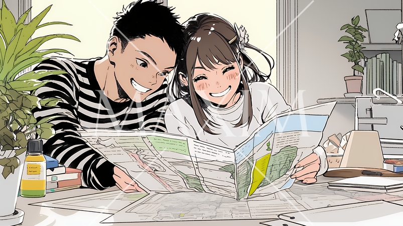 仲良く二人で旅行の計画を立てている若いカップル