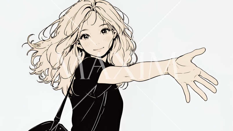 両手を広げて歓迎・驚きの仕草をしている若い女性（シンプルな色使い）