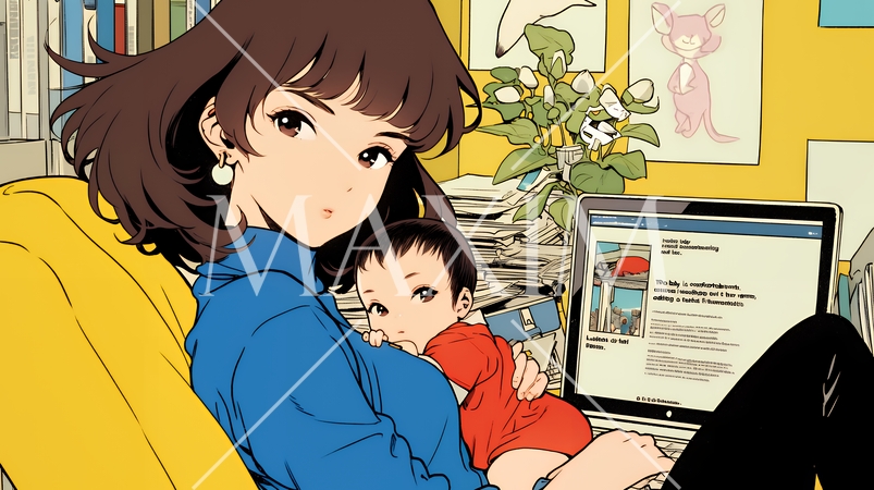 赤ん坊を抱きながらデスクワークをしている女性