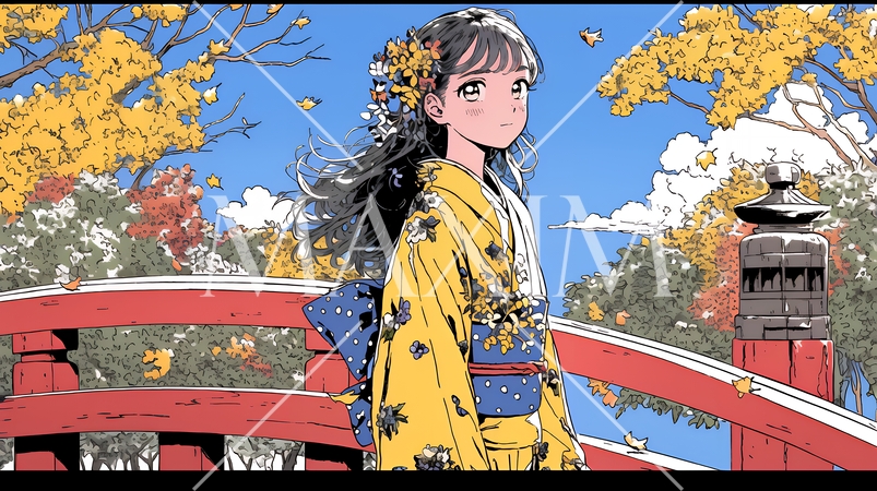 紅葉に包まれた中、着物を纏った若い女性が佇んでいる