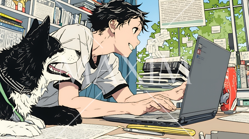 自宅でのリモートワークの場面：ペットのイヌと奮闘中