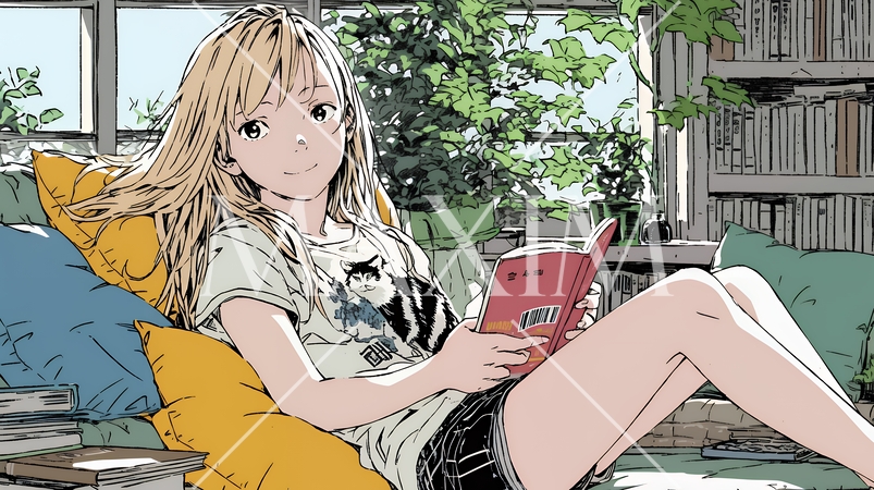 読書の秋：リビングルームで本を読んでいる若い女性