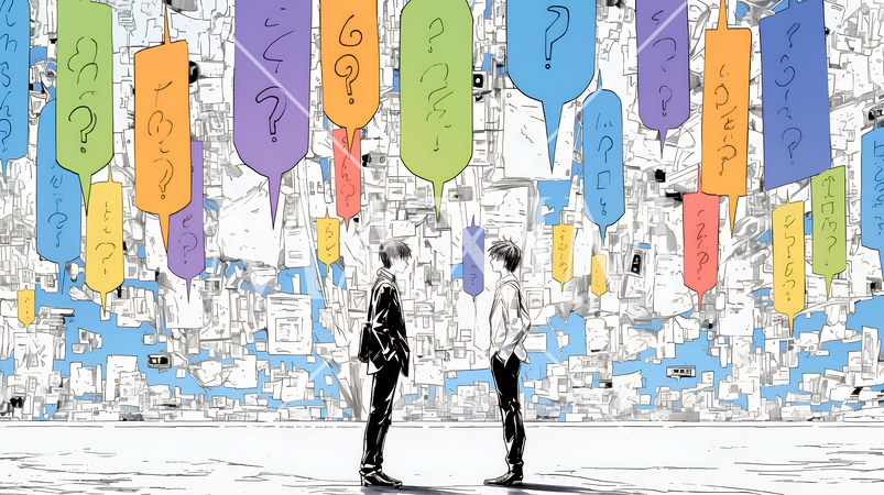 互いに相手の意見を十分に理解できないまま対話を続ける二人のビジネスマン