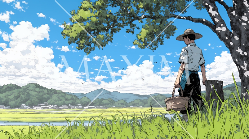 田んぼで農作業をしている男性