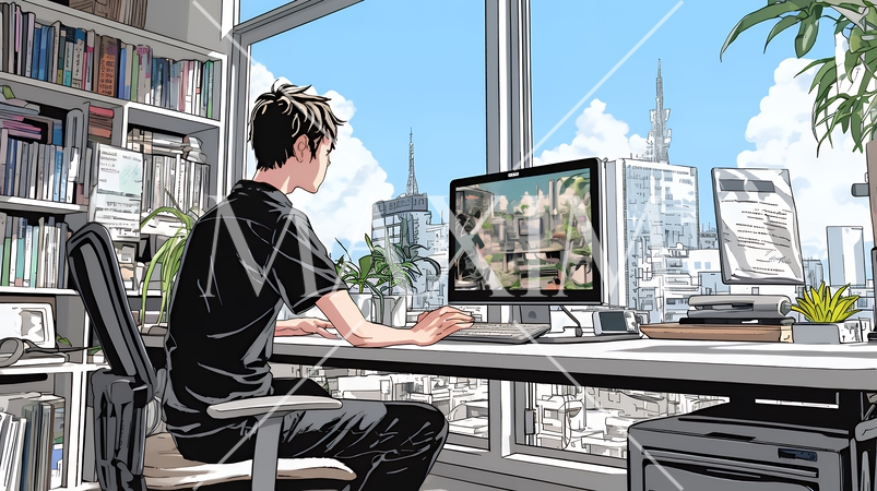 職場のデスクでパソコンに向かって仕事をしているビジネスマン