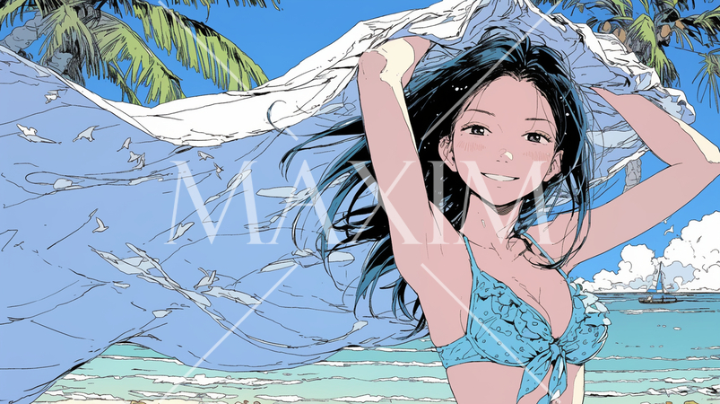 南国の海岸にビキニ姿でいる若い女性