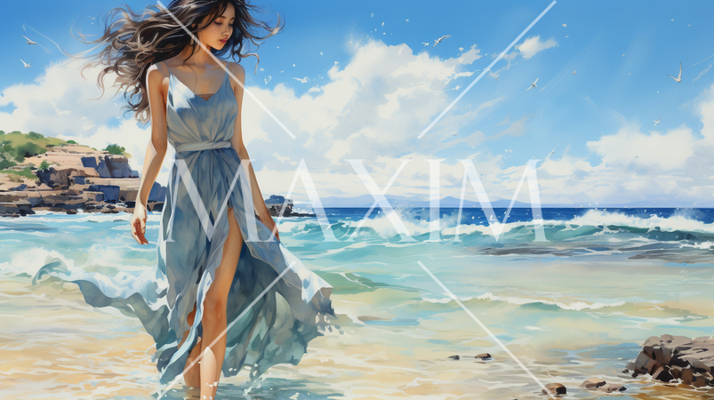 南国の青い空の下、美しい浜辺を歩く若い女性：水彩画