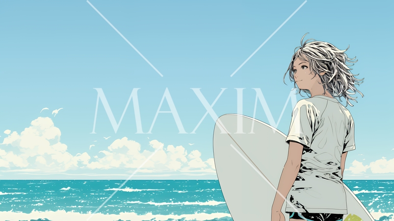 サーフボードを持ち海を見つめる若い女性｜ビーチ・リゾート・ライフスタイル・アウトドア