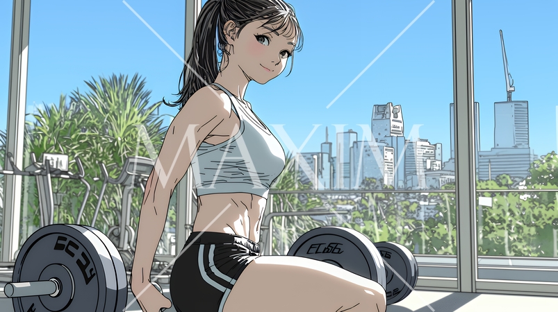 休日にジムで軽く運動する若い女性