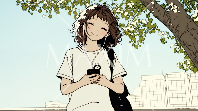 嬉しそうな表情でスマホを使っている女性（シンプルな色使い）