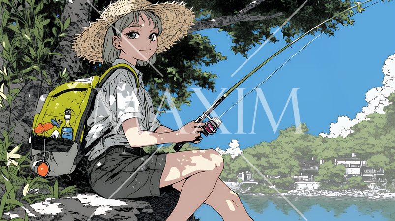 岸から魚釣りを楽しむ若い女性｜渓流・自然・アウトドア・ライフスタイル