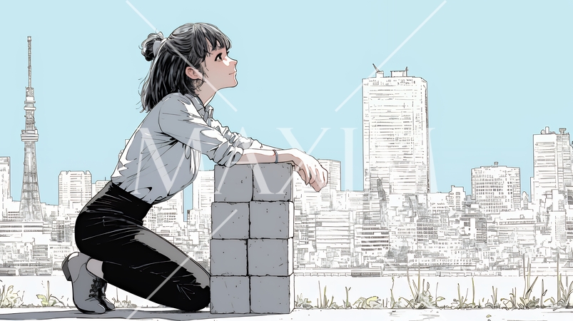 コンクリートブロックを積み上げているビジネスウーマン：計画の段階的積み重ねの比喩