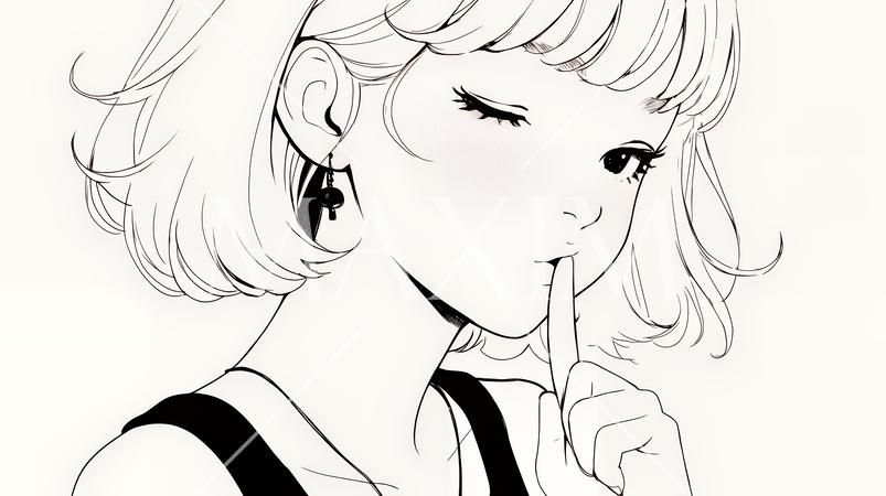 指を唇に当てて「シーShh」というジェスチャーをしている女性（シンプルな色使い）