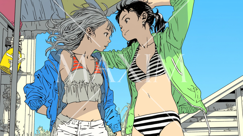 仲の良い友達同士で南国の海岸にビキニ姿でいる若い女性たち