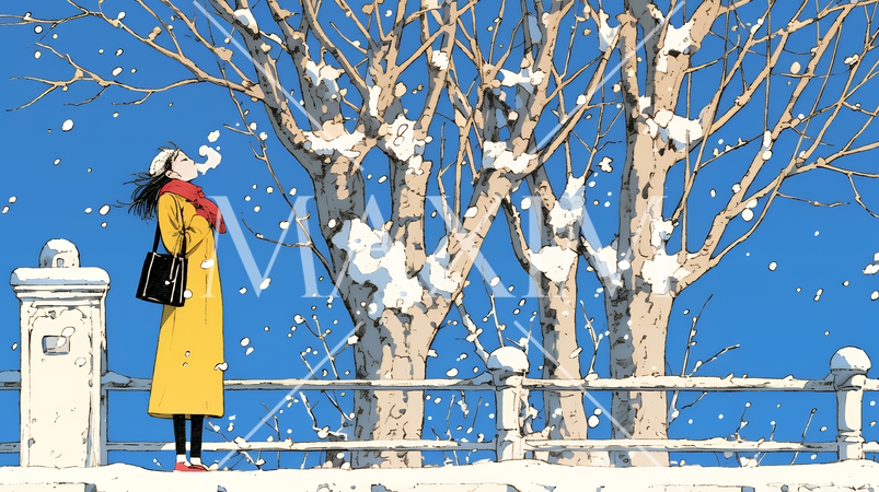 冬枯れの郊外の道を歩く若い女性